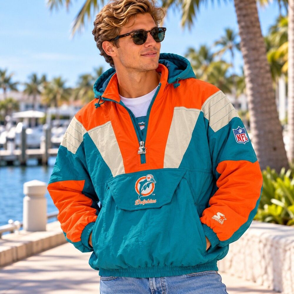Vintage 90s Starter Miami Dolphins Pullover Jacket XLarge Breakaway Hoodie NFL